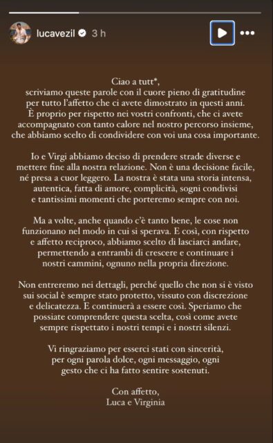 Il comunicato di Luca Vezil e Virginia