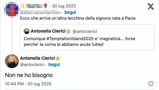 Post su X e la risposta di Antonella Clerici