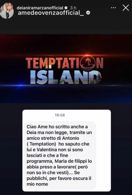 Storia Instagram Deianira Marzano e Amedeo Venza su Temptation Island