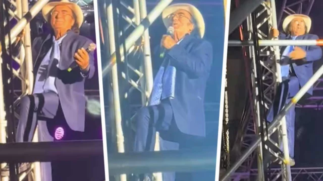 Al Bano si arrampica su un traliccio durante un concerto, il video virale