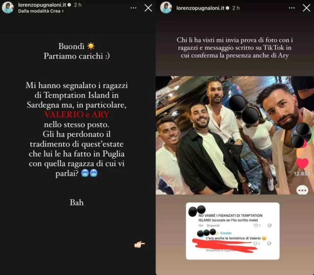Le storie Instagram di Lorenzo Pugnaloni su Temptation Island
