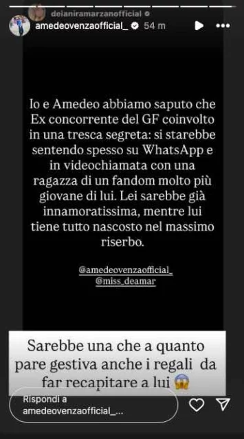 Storia Instagram Deianira Marzano e Amedeo Venza su ex concorrente del GF