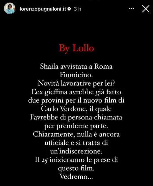 Storia Instagram Lorenzo Pugnaloni su Shaila Gatta