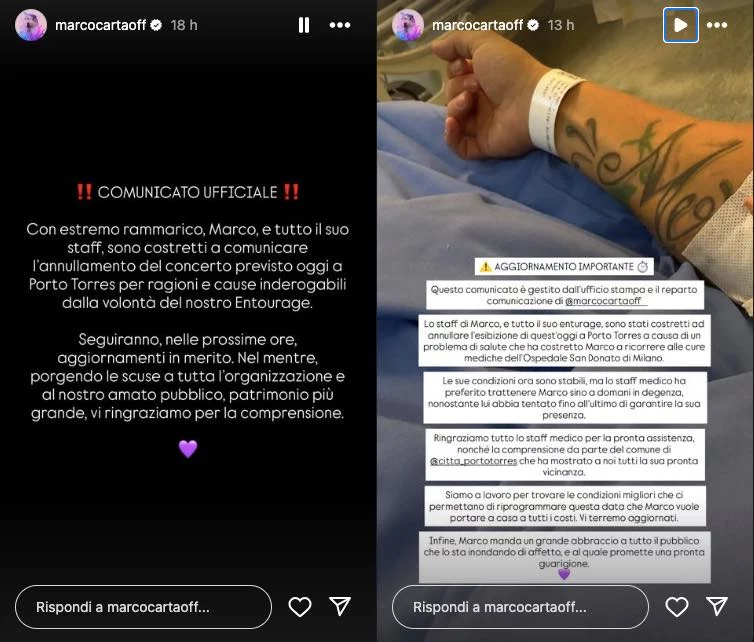 Marco Carta ricoverato in ospedale annulla la data del concerto
