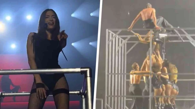 Elodie, imprevisto sul palco: sbatte la testa nella gabbia in ferro