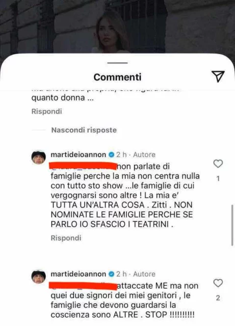 I commenti Instagram di Martina De Ioannon