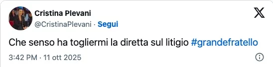 Il commento di Cristina Plevani su X verso la regia del Grande Fratello