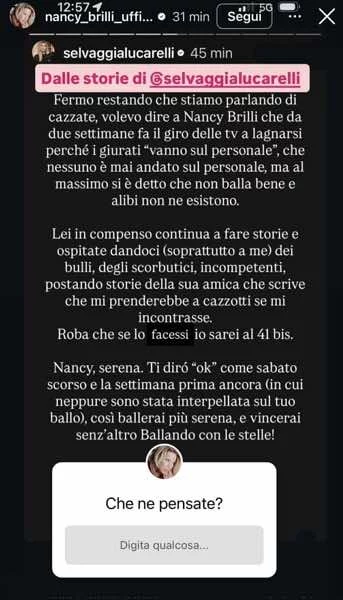 La storia Instagram di Selvaggia Lucarelli ricondivisa da Nancy Brilli