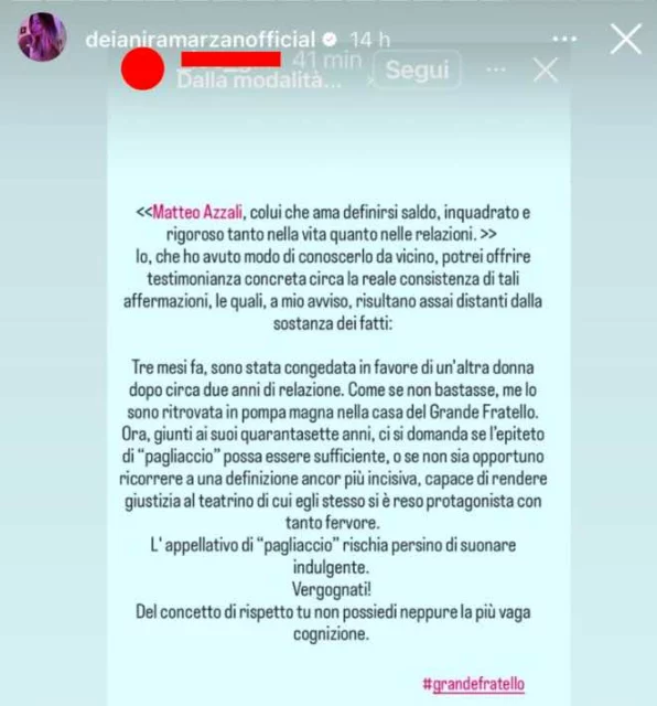 La storia di Deianira Marzano sull'ex di Matteo del Grande Fratello