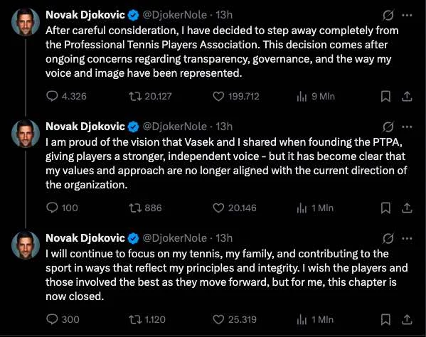 Il post di Novak Djokovic su X