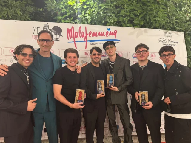 Aka 7even Giuseppe Della Corte ideatore del Premio Malafemmena Antoio Laezza hair stylist con LDA Noya e Romito producer LDA ph Press