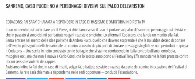 Comunicato Codacons dopo il caso Andrea Pucci a Sanremo