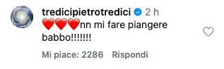 Il commento di Tredici Pietro al padre Gianni Morandi su Instagram