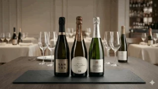 Tre bottiglie di spumante Metodo Classico distribuite da Rinaldi 1957: Musa, Alta Langa e Santus Franciacorta.